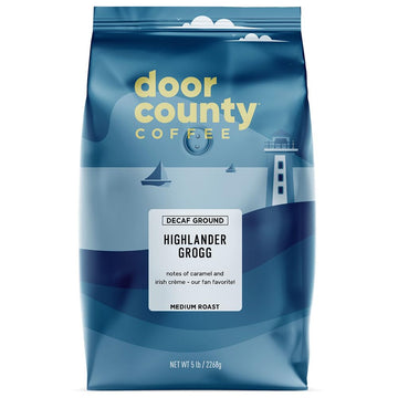 Door County Coffee Highlander Grogg DECAF Flavored Coffee Ground - 5 lb Bag - Flavored Ground Medium Roast - 100% Specialty Arabica - Gourmet - Irish Crème & Caramel