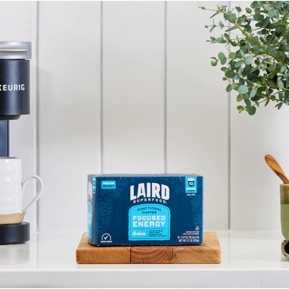 Laird Superfood K-Cups with Functional Mushrooms - Focused Energy, 10ct - Plant-Based Blend of Lions Mane Mushrooms, Rhodiola Extract, and Coffee Cherry - Delicious and Convenient