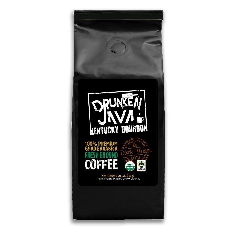 Kentucky Bourbon Dark Roast Ground Coffee - Organic Single Origin Fair Trade - Drunken Java - 12 oz Bag