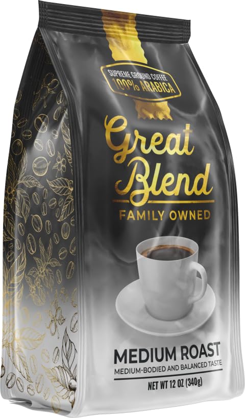 Great Blend Supreme 100% Arabica Medium Roast Gourmet Ground Coffee, Non-GMO, 100% Pure and Natural Coffee, Medium Bodied and Balanced Taste, 12 Ounce Bag