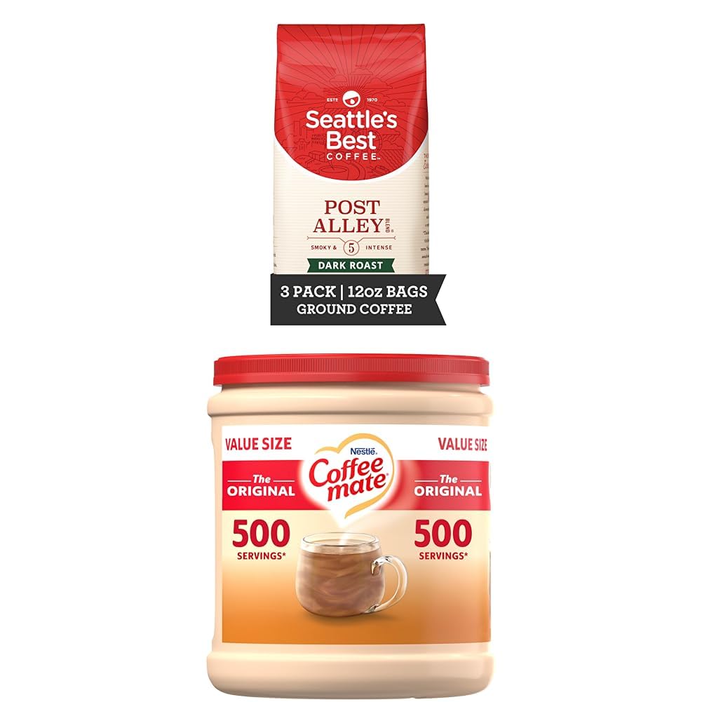 Seattle's Best Coffee Post Alley Blend Dark Roast Ground Coffee (Pack of 3) & Coffee Mate Original Powdered Coffee Creamer