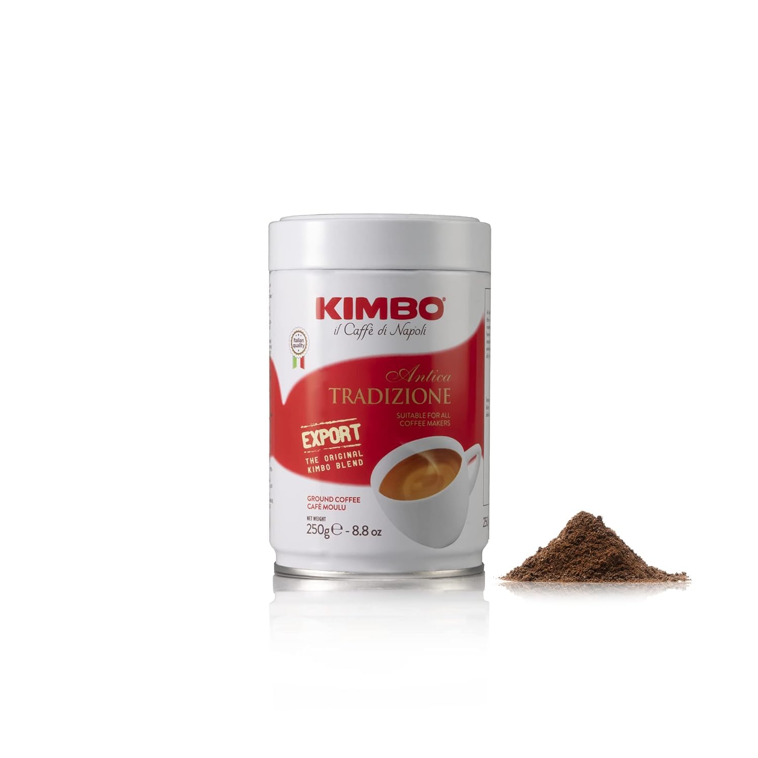 Kimbo Antica Tradizione Ground Coffee | Original Blend | Blended and Roasted in Italy | Medium Roast with Bread & Chocolate Flavor | 8.8 oz Can