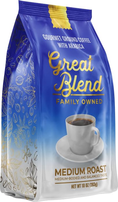 Great Blend Medium Roast Gourmet Ground Coffee with Arabica, Non-GMO 100% Pure and Natural Coffee, Medium Bodied And Balanced Taste,12 Ounce Bag