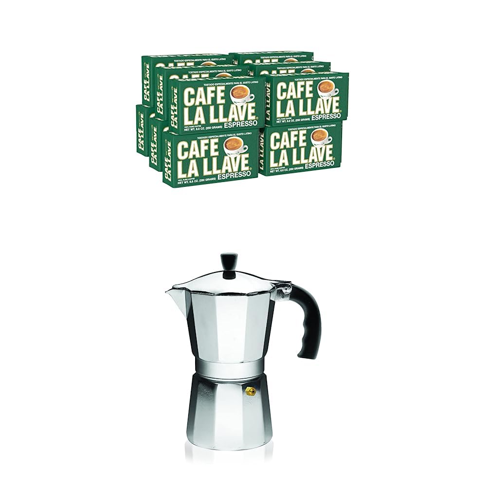 Café La Llave Espresso Dark Roast Coffee, 8.8 Ounce (Pack of 12) and IMUSA USA Large Aluminum Stovetop 9-cup Classic Italian and Cuban Espresso Maker (B120-44V)