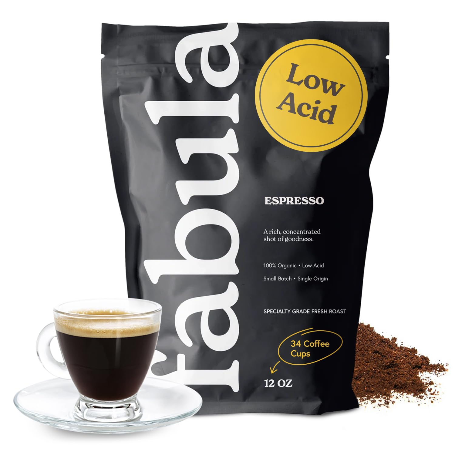 Fabula Low Acid Coffee, USDA Organic Ground Coffee Medium Roast - Non GMO - No Molds - Mycotoxins Pesticides Free - Single Origin Coffee - 12 oz