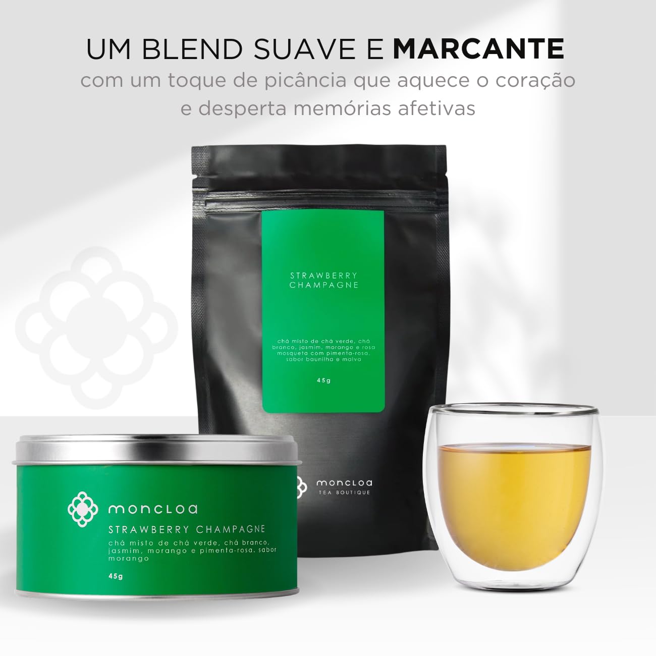 MONCLOA STRAWBERRY CHAMPAGNE - Premium Green and White Loose Leaf Tea w/ Strawberry, Jasmin, Pink Pepper. Antioxidant, Energizer. Pouch 2.8oz/80g.