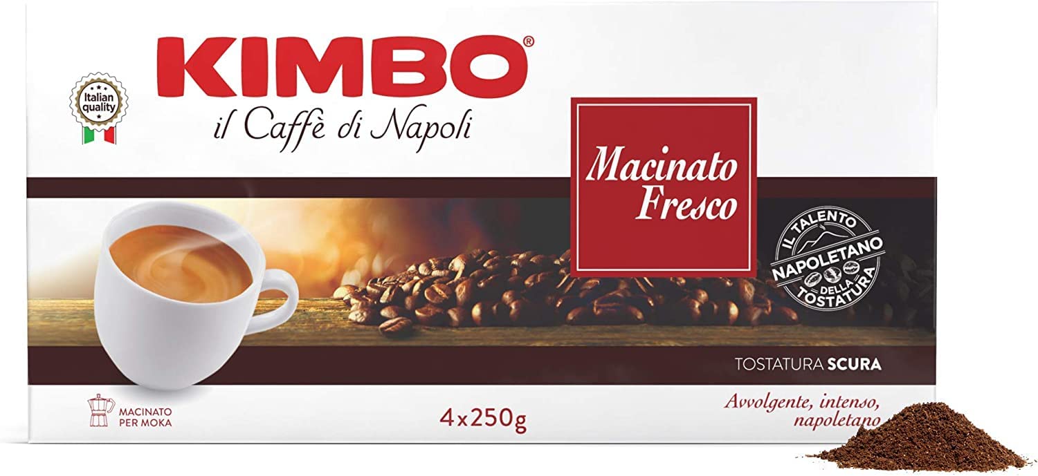 Kimbo:"Macinato Fresco" ("Italian Flavour Strong Taste") Roasted Ground Coffee 8.8 Ounce (250gr) Packages (Pack of 4) [ Italian Import ]