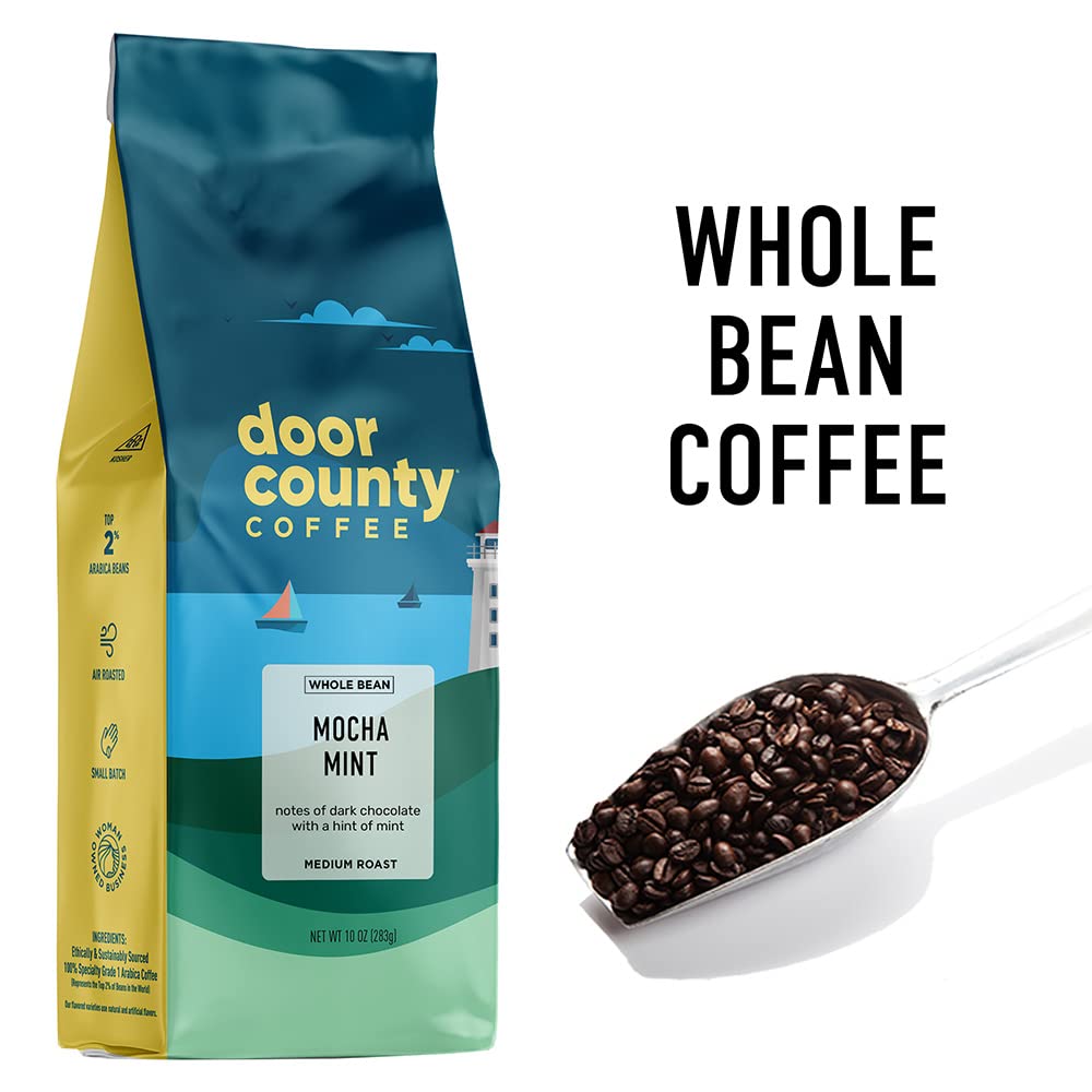 Door County Mocha Mint Whole Bean Coffee | 10 oz Bag | Medium Roast | 100% Specialty Arabica | Gourmet Whole Bean Coffee