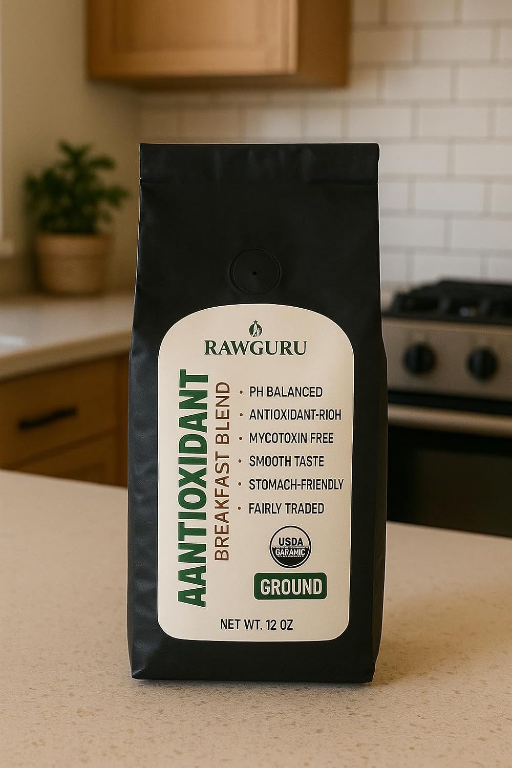 RawGuru Organic Antioxidant Coffee Breakfast Blend, Gluten-Free, Fairly Traded, Shade Grown and Rainforest Alliance Certified, Arabica Ground Coffee, 12 oz