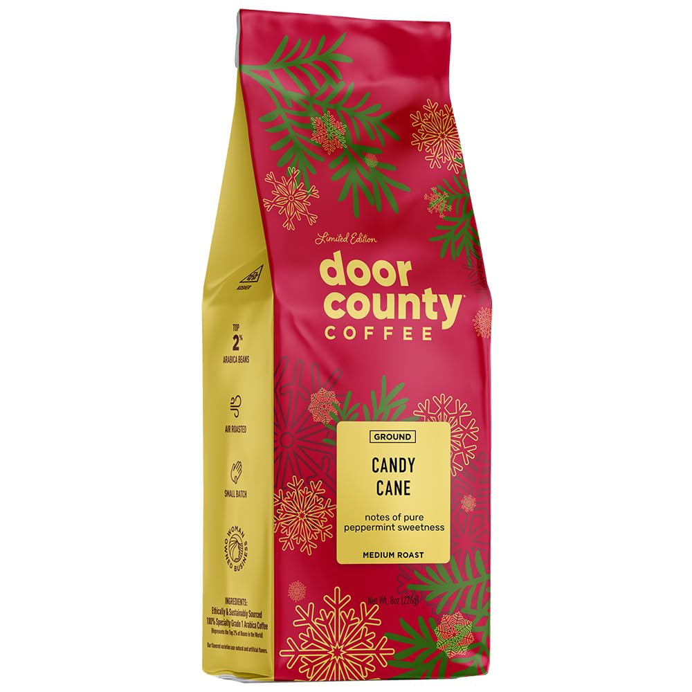 Door County Coffee Candy Cane Flavored Coffee Ground - 8oz Bag - Holiday Seasonal - Medium Roast - 100% Specialty Arabica - Peppermint Flavor