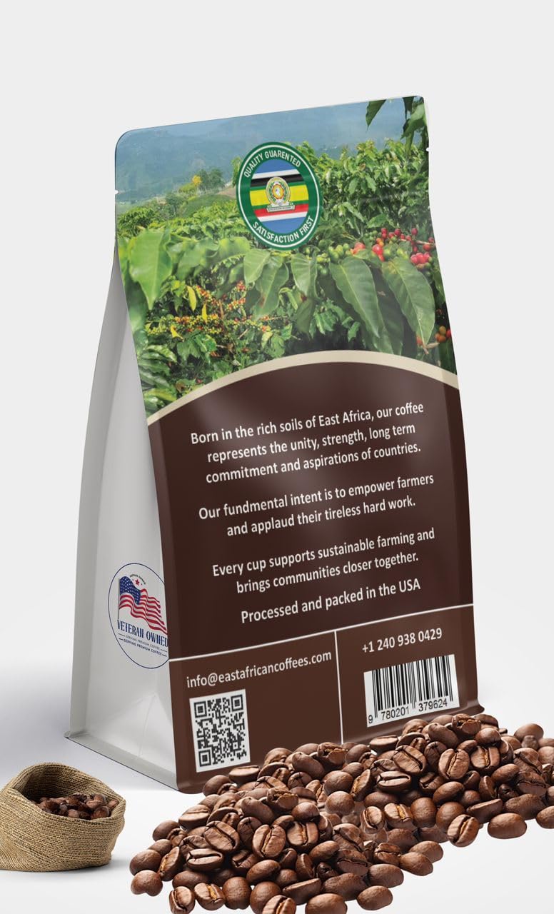 Uganda Sipi Arabica Peaberry, Ground Medium Roast Coffee - 100% Arabica Coffee, Rich & Smooth Flavor, 8 Ounce Bag