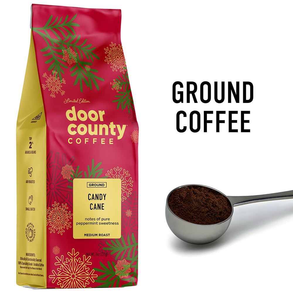 Door County Coffee Candy Cane Flavored Coffee Ground - 8oz Bag - Holiday Seasonal - Medium Roast - 100% Specialty Arabica - Peppermint Flavor