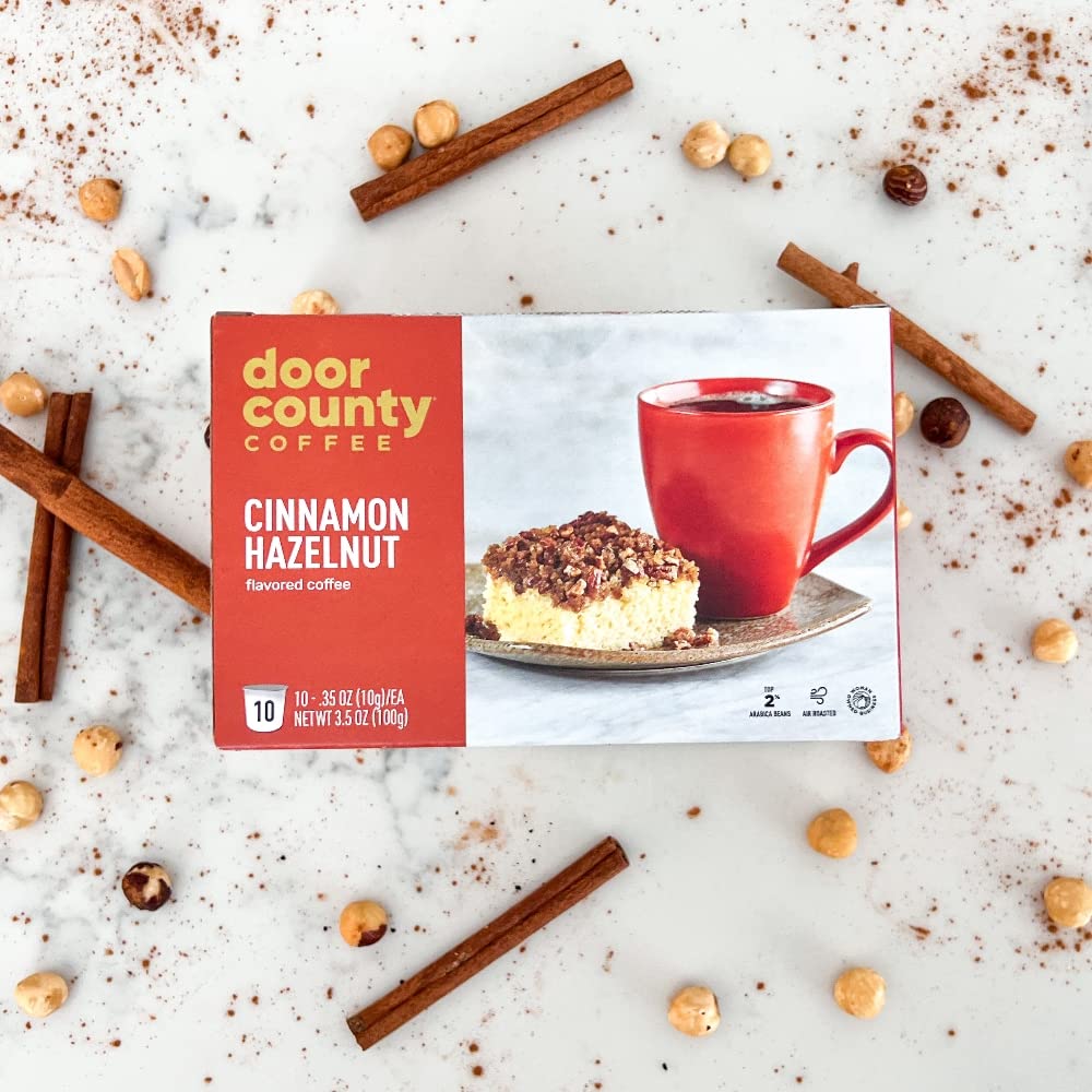 Door County Coffee Cinnamon Hazelnut Flavored Ground | 10 Count Single Serve Cups | Medium Roast | 100% Specialty Arabica | Flavored Gourmet | Cinnamon Hazelnut
