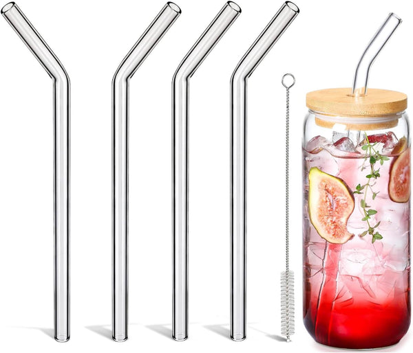 Borosilicate Glass Straws Shatter Resistant for 16 oz Tumbler, 9 inch 8mm BPA Free, Reusable Drinking Straws Clear Bent Skinny for Iced Coffee and Hot Drinks