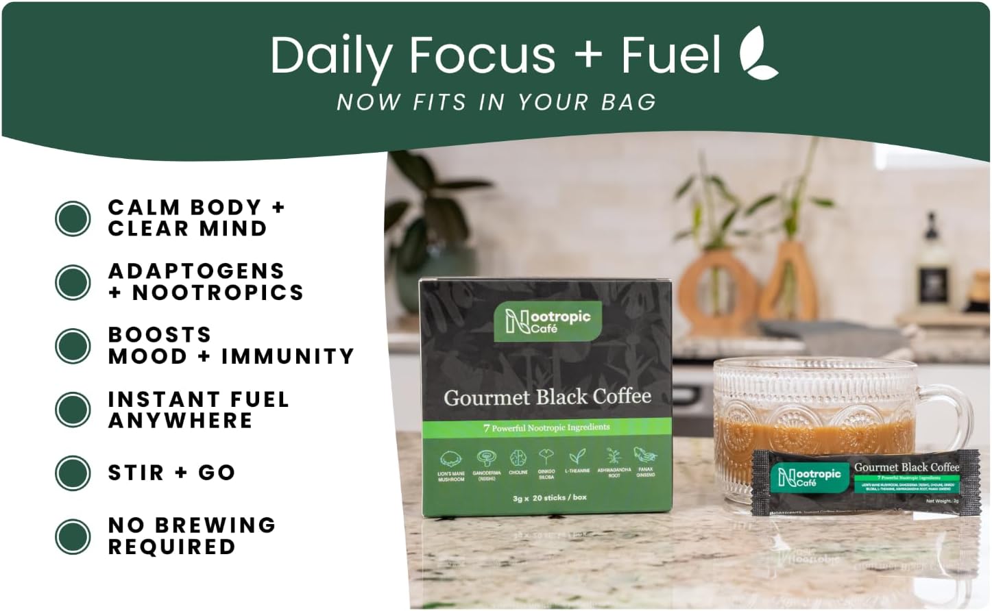 Brain Boosting Mushroom Coffee – Lion’s Mane, Ginkgo Biloba, Ashwagandha, L-Theanine, Choline – Focus & Mood Support – 20 Servings