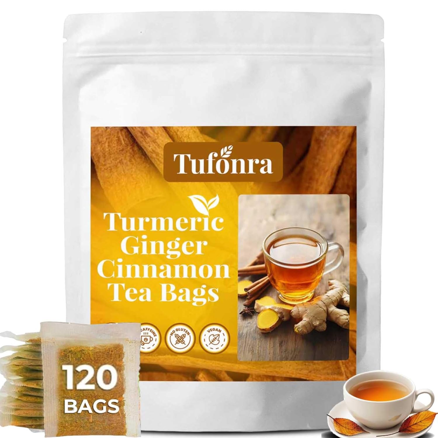(60 Counts) Premium Turmeric Ginger Cinnamon Tea Bags, Warm and Spicy Turmeric Ginger Herbal Teabags, Natural Ingredients(60)