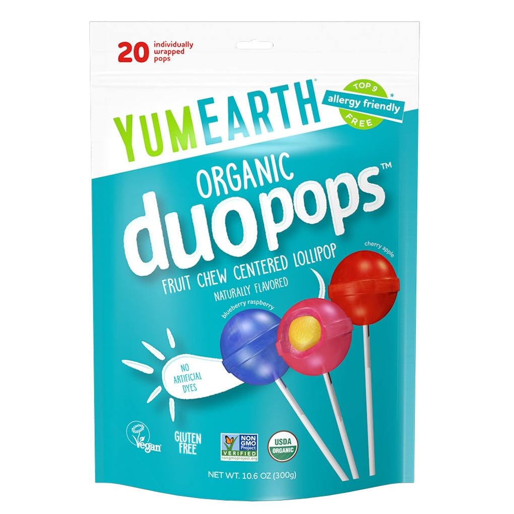 YumEarth Organic Duo Pops, Lollipops with Fruit Chew Centers - Allergy Friendly (Top 9 Free), No Artificial Dyes or Flavors, Non GMO, Gluten Free, Vegan Candy Snacks - 20 Individually Wrapped Pops