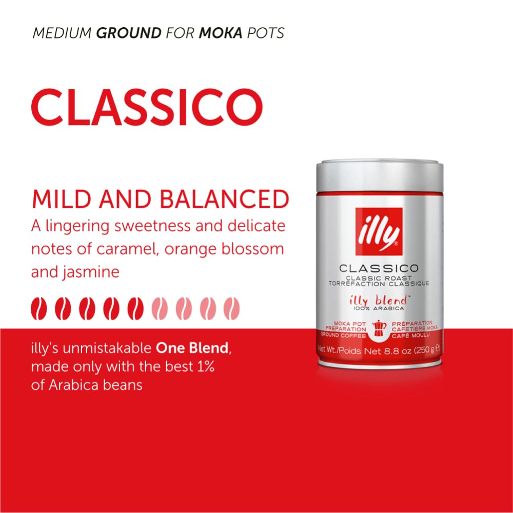 illy Ground Coffee Moka - 100% Arabica Coffee Ground - Rich Aromatic Coffee Grounds – Classico Medium Roast - Notes of Caramel, Orange Blossom & Jasmine - No Preservatives – 8.8 Ounce, 12 Pack