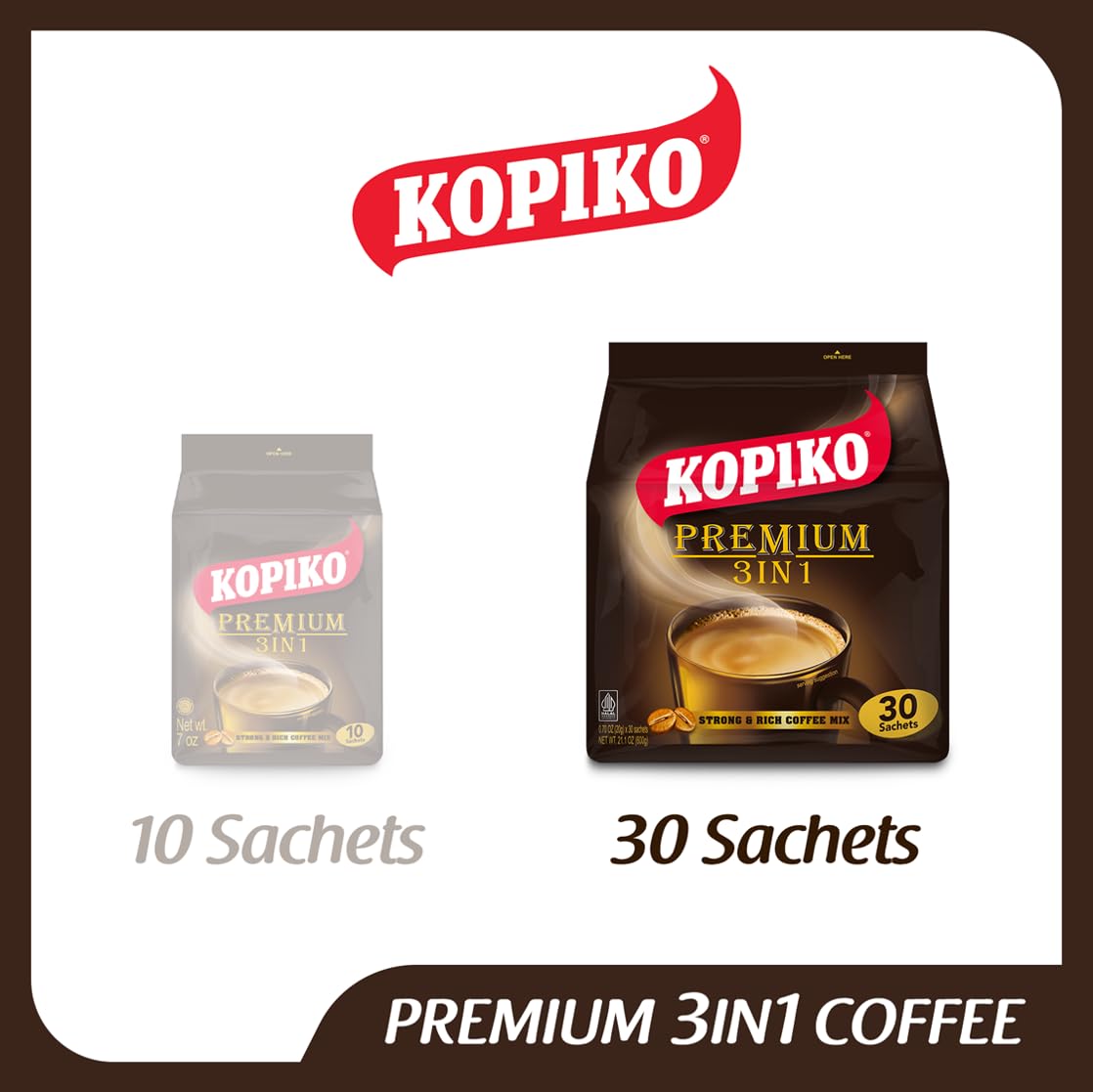 KOPIKO Premium 3 in 1 Instant Coffee Mix – Authentic Indonesian Volcanic Coffee, Strong Yet Smooth, Pre-Mixed with Creamer & Sugar (21.2 OZ in 30 Coffee Sachets)