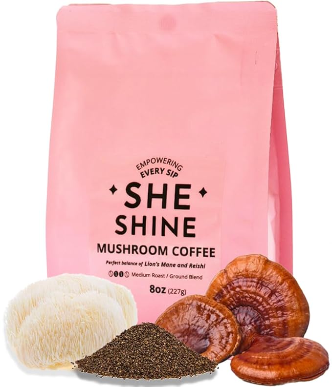 Mushroom Coffee SHE SHINE with Lion’s Mane & Reishi – Organic Superfood Coffee for Energy & Focus – Nootropic Blend for Balanced Wellness – 8 oz Bag