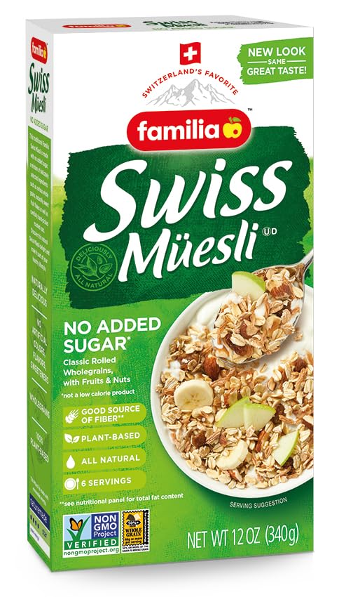 Familia Swiss Muesli Cereal, 0g Added Sugar, Energy-Packed Cereal with Raisins, Hazelnuts and Almonds, 12 Ounce Box (Pack of 6)