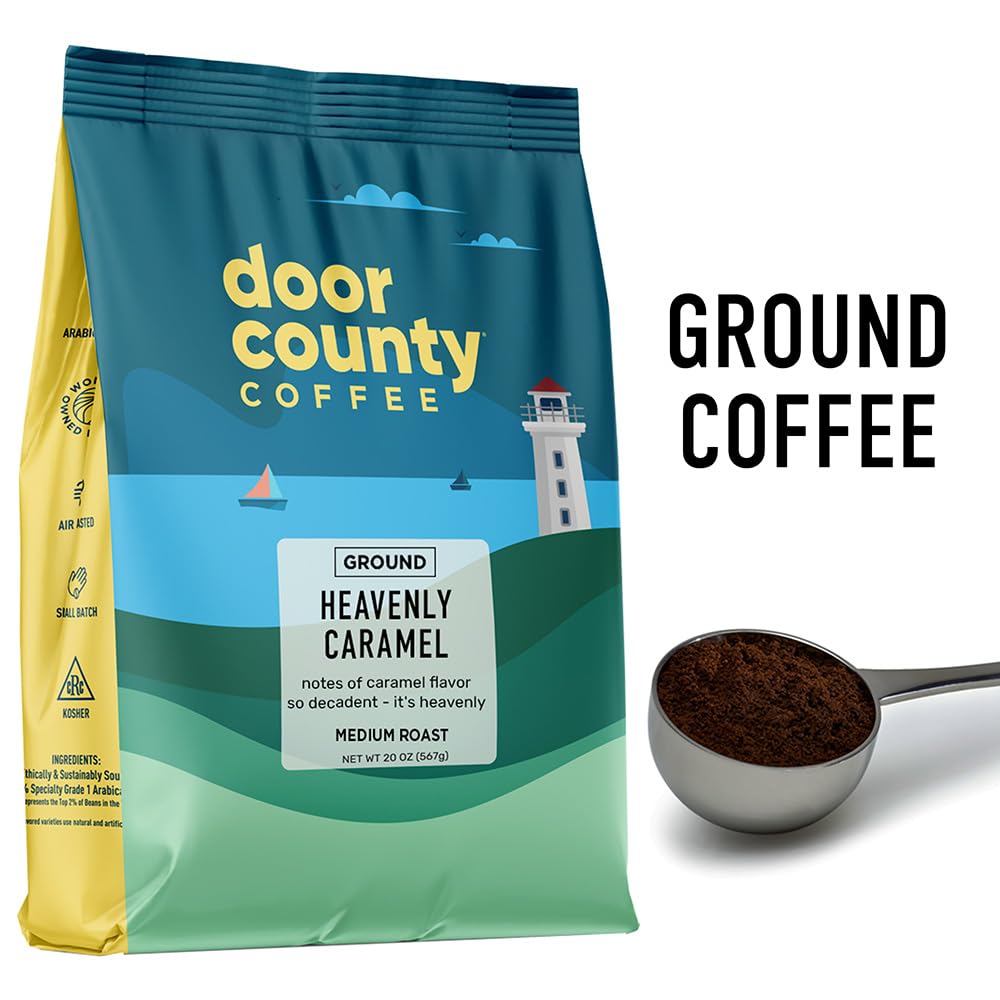 Door County Coffee, Heavenly Caramel, Sweet & Buttery Caramel Flavored Coffee, Medium Roast, Ground Coffee, 20 oz Bag