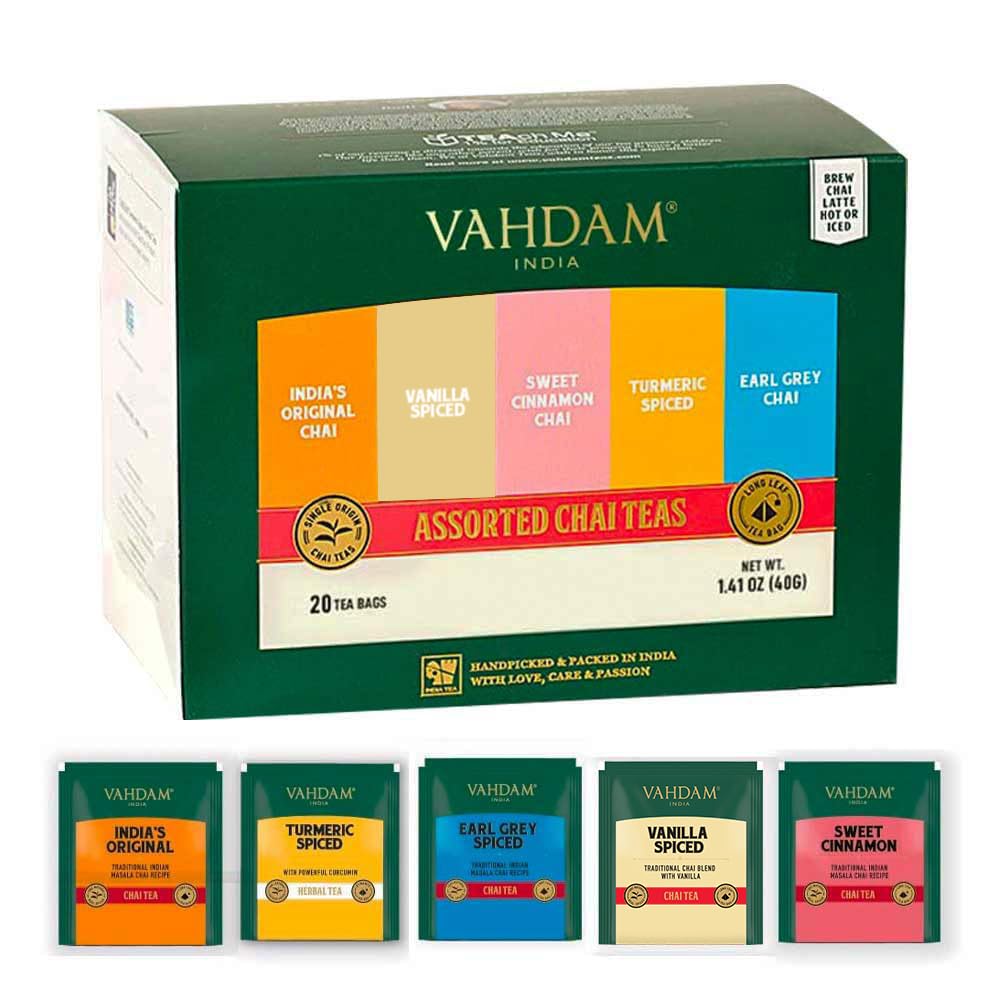 VAHDAM, Assorted Chai Tea Sampler Gift Set (5 Flavors, 20 Count) Gluten Free & Non GMO | Indian Masala Chai Tea Blends | Long Leaf Chai Tea Bags Variety Pack | Tea Variety Pack | Gifts for Women & Men