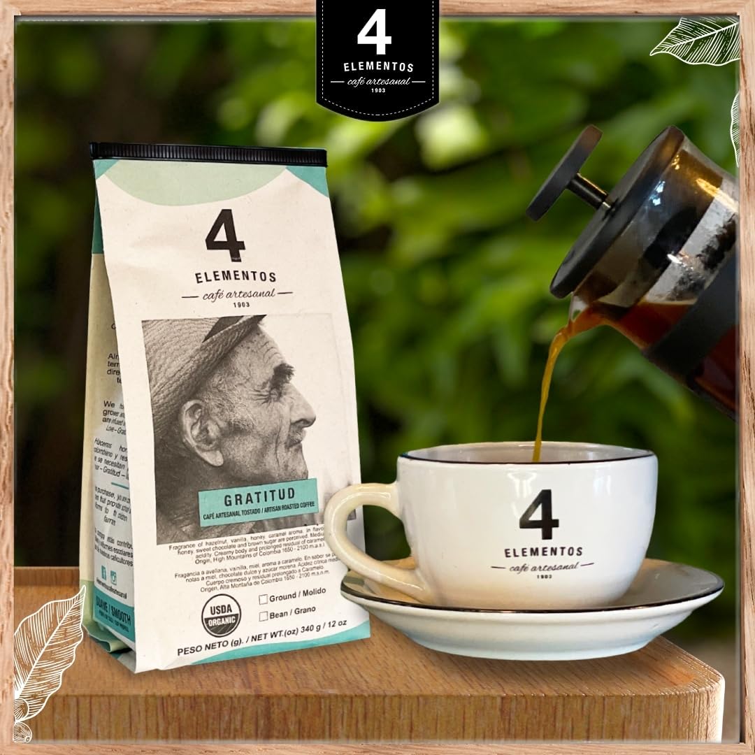 4Elementos | Whole Bean Specialty Coffee, Medium Roast, 100% Organic Arabica from Colombia, Honey, Sweet Chocolate & Brown Sugar Notes, 12oz