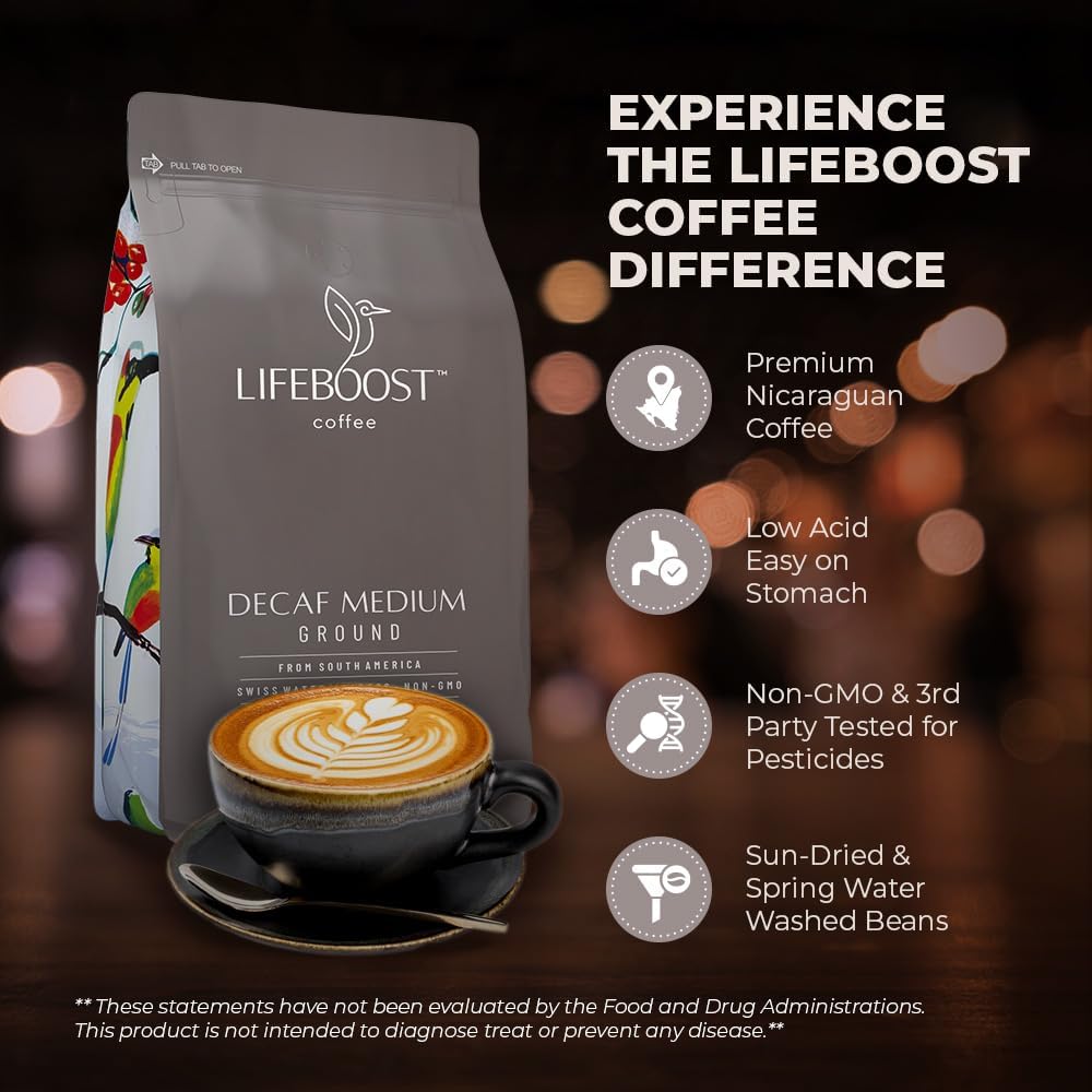 Lifeboost Medium Roast Swiss Water Decaf Coffee Ground - Non-GMO Low Acid Single Origin USDA Decaf Organic Coffee - Third Party Tested For Mycotoxins & Pesticides - 12 Ounces