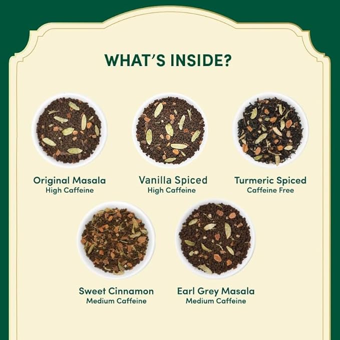 VAHDAM, Assorted Chai Tea Sampler Gift Set (5 Flavors, 20 Count) Gluten Free & Non GMO | Indian Masala Chai Tea Blends | Long Leaf Chai Tea Bags Variety Pack | Tea Variety Pack | Gifts for Women & Men
