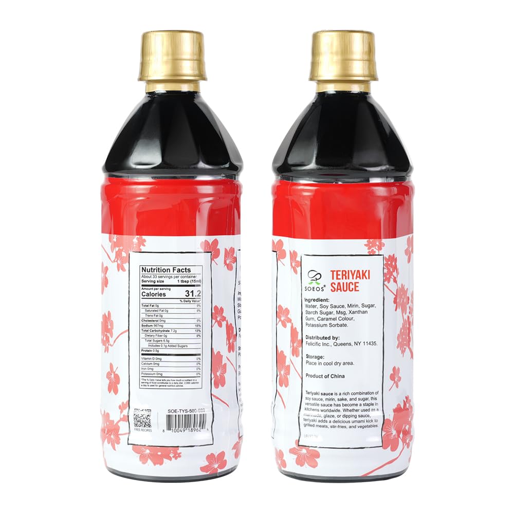 Soeos Teriyaki Marinade and Sauce, 16.9 Fl Oz (500 ml), Sweet and Savory Flavor, Perfect for Stir-Fry, Barbecue, Marinating, Versatile Sauce for Meat, Salmon, Noodle and Vegetable, Easy to Pour Out