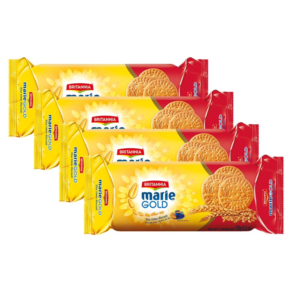 Britannia Marie Gold Cookies 5.3oz (150g) - Biscuits Pour l'heure du thé - Crispy Tea Time Snack - Delicious Grocery Cookies (Pack of 4)
