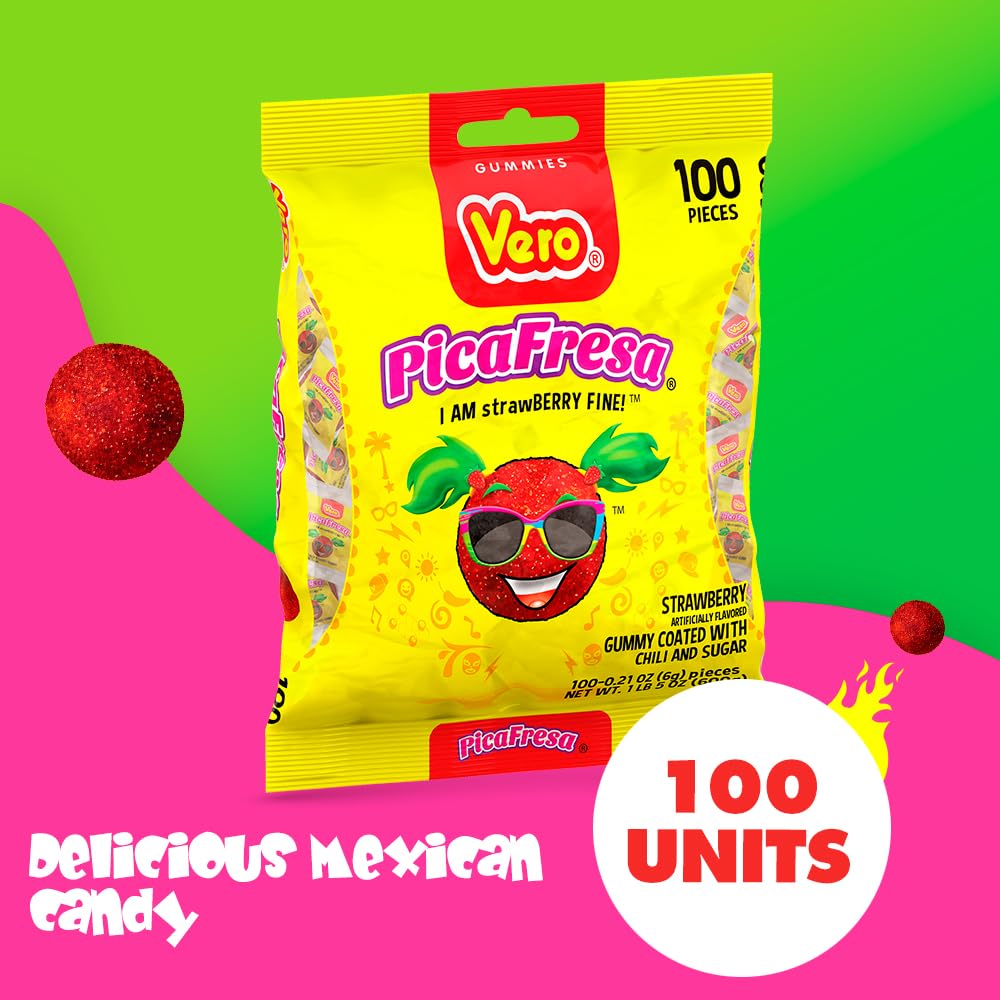 Vero PicaFresa - Strawberry Flavored Chewy Gummy Candy Treats - 100 Piece - (1 LB, 5.15 Ounces Each) - Individually Wrapped Mexican Candy Perfect for Piñatas, Halloween, and More