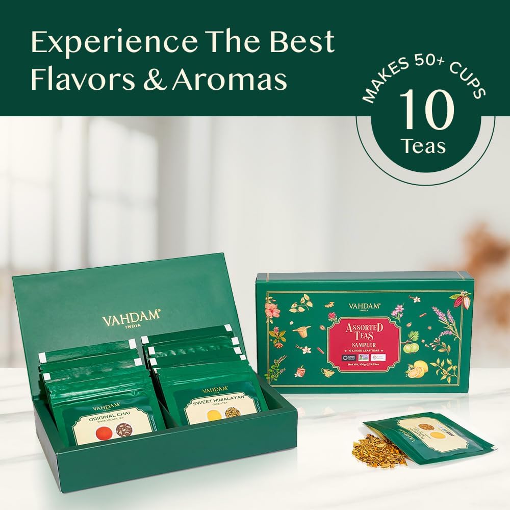 VAHDAM, Assorted Loose Leaf Tea Sampler (10 Teas) Non-GMO, Gluten Free | Whole Loose Leaf Tea Sampler | Tea Variety Pack | Tea Gift Set | Gifts for Women & Men