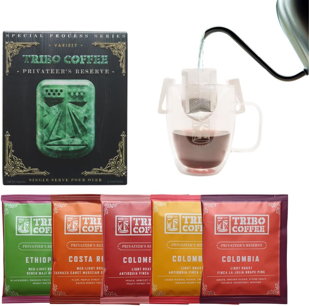 Tribo Coffee Single-Serve Portable Pour Over Drip Coffee - Privateer's Reserve Variety - 5 Servings (Light - Medium Roast)