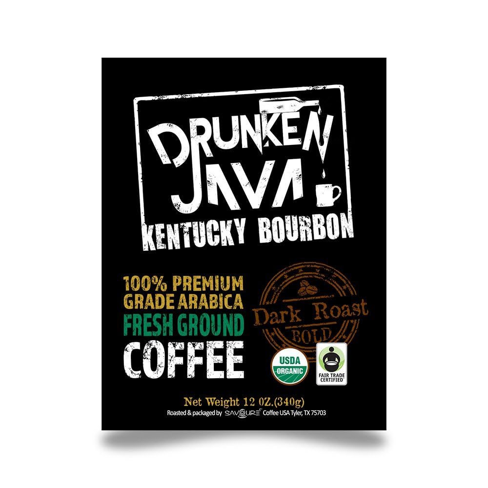 Kentucky Bourbon Dark Roast Ground Coffee - Organic Single Origin Fair Trade - Drunken Java - 12 oz Bag