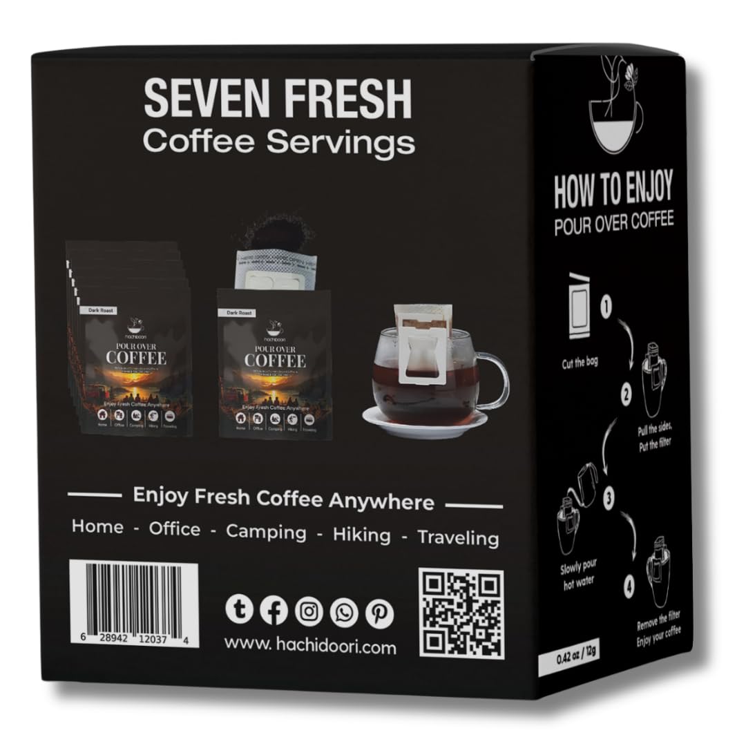 Hachidoori Single-Serve Portable Pour Over Drip Coffee – 7 Ready-to-Brew Packs with Ground Coffee & Filters | Fresh Coffee Anytime – Travel, Camping, Office.