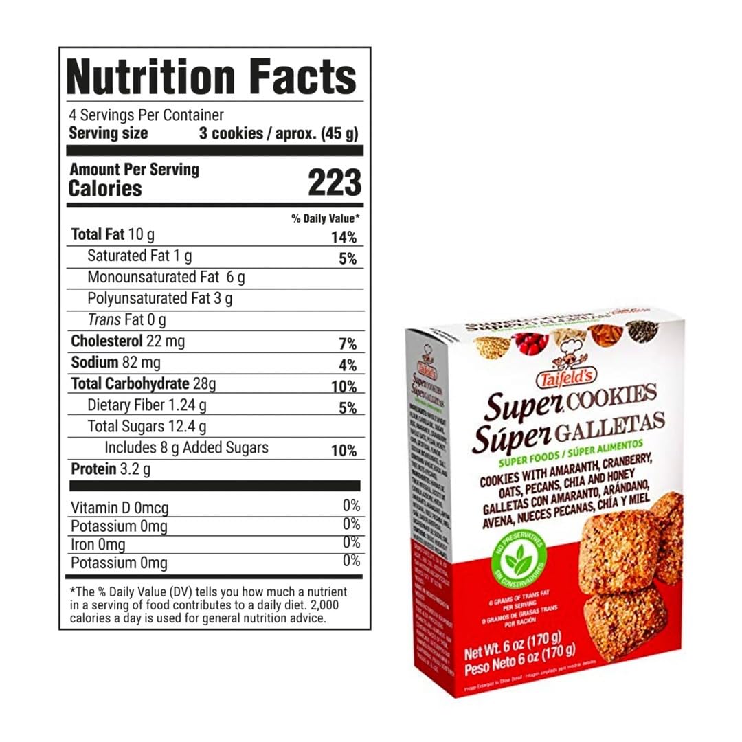 Taifelds Super Healthy Cookies with Sweetened Honey Pecans, Amaranth, Oats, Cranberries & Chia. No Preservatives and Low in Cholesterol