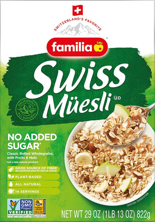 Familia Swiss Muesli Cereal, 0g Added Sugar, Energy-Packed Cereal with Raisins, Hazelnuts and Almonds, 29 Ounce Box (Pack of 6)
