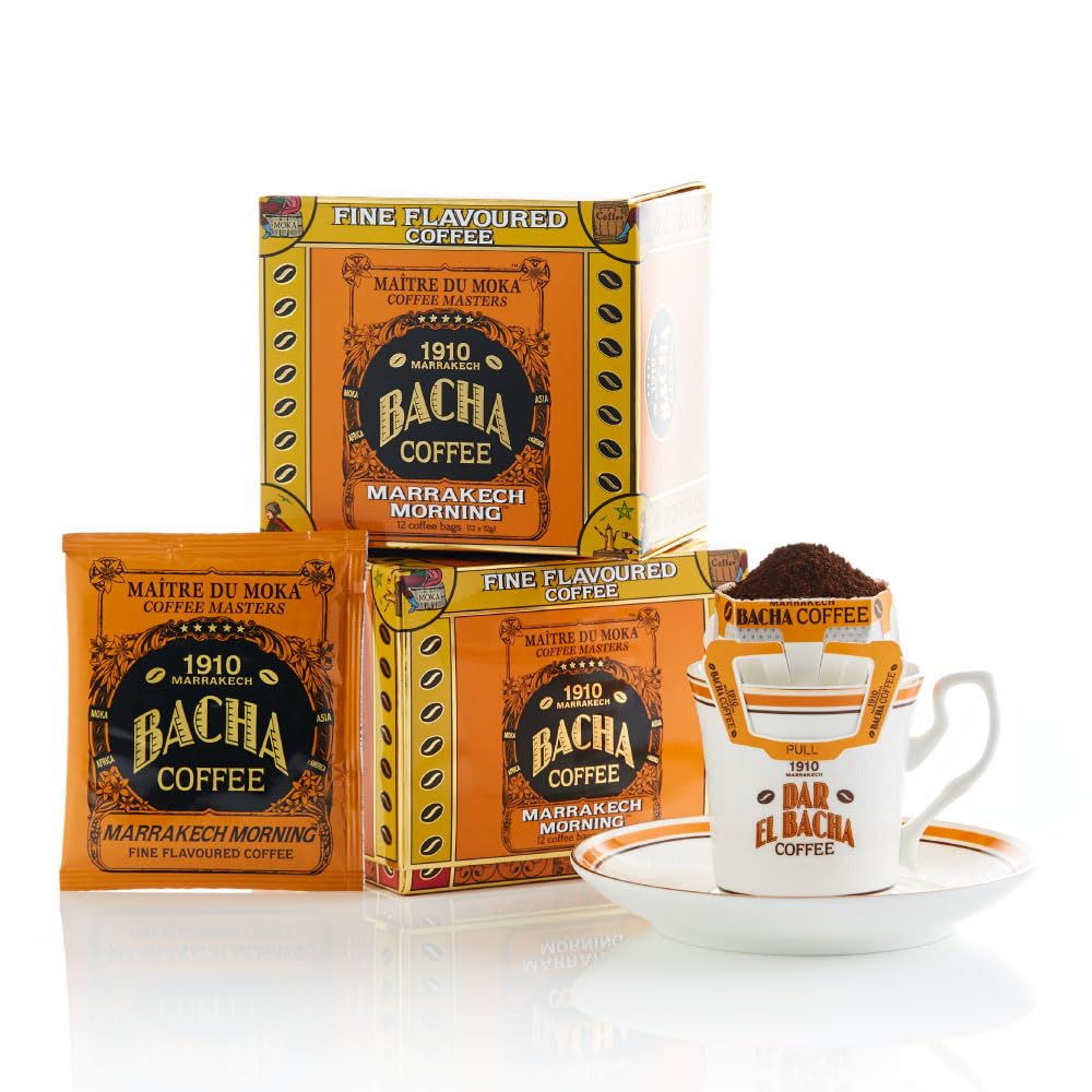 Bacha Coffee | Marrakech Morning Fine Flavoured, 100% Arabica Beans, Medium Roast, x12 Individually Wrapped Single Serve Filter Bags