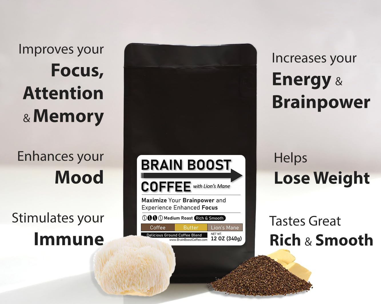 Mushroom Brain Boost Coffee with Lion's Mane, Butter, MCT, Energy Coffee, Adaptogen, Nootropic, Boost your Energy, Brain, Focus, Lose Weight Naturally | Large 12 OZ Bag
