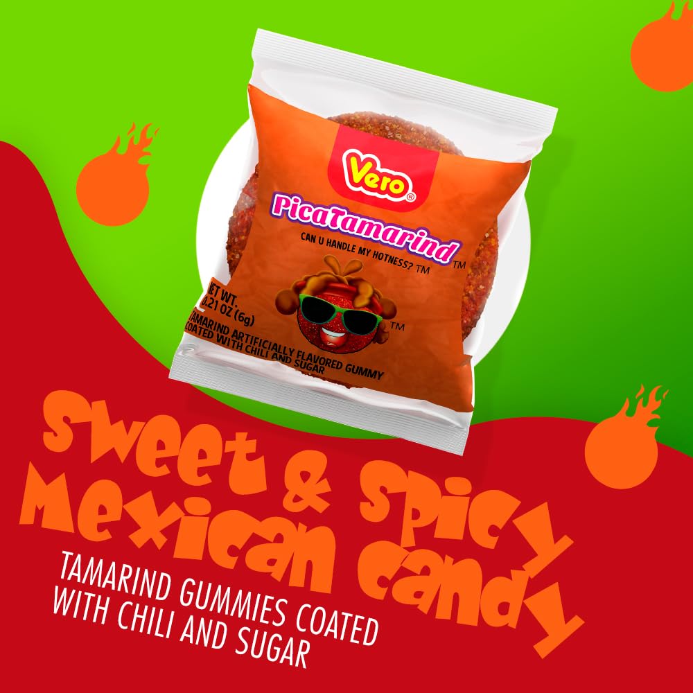 Vero PicaTamarind - Tamarind Flavor Chewy Gummy Treats Coated With Chili Powder & Sugar 100 Pieces (5.15 Oz) - Mexican Candy - Individually Wrapped Gummies for Halloween, Piñatas, and More
