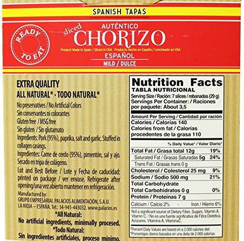 Authentic Spanish Chorizo Sliced Imported from Spain. Mild 3.5 OZ by Palacios