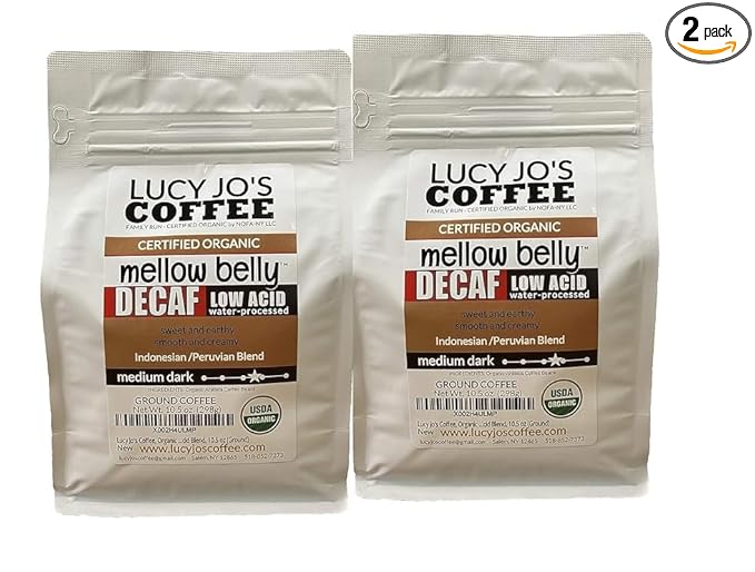 Lucy Jo's Coffee, 2 PACK, Organic Decaf Mellow Belly Low Acid Blend, Medium Dark, Ground, 2 10.5 oz bags