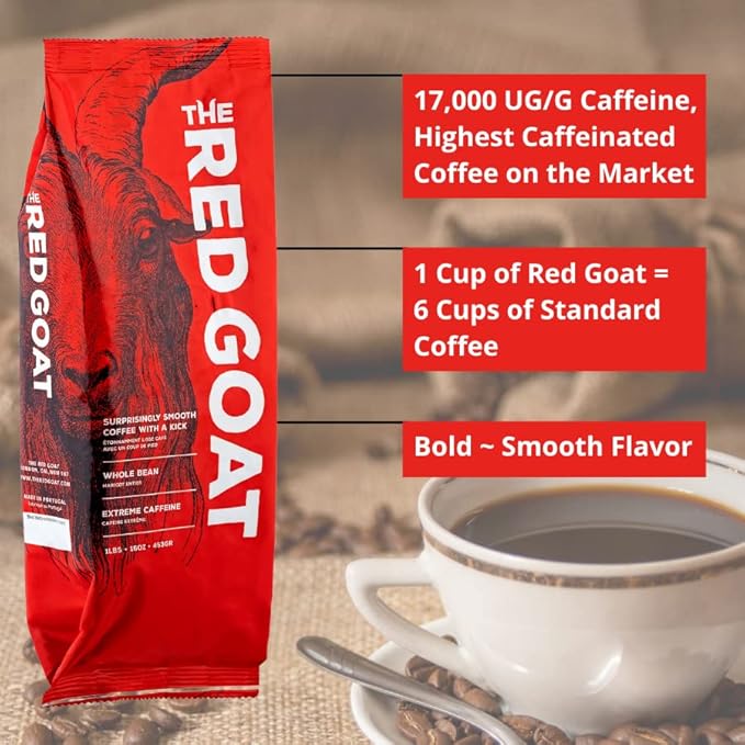 The Red Goat Ground Coffee Beans [16 OZ] | Highest-Caffeine on the Market | 1 Cup = 6 Average Cups of Coffee | 17,000 UG/G Caffeine