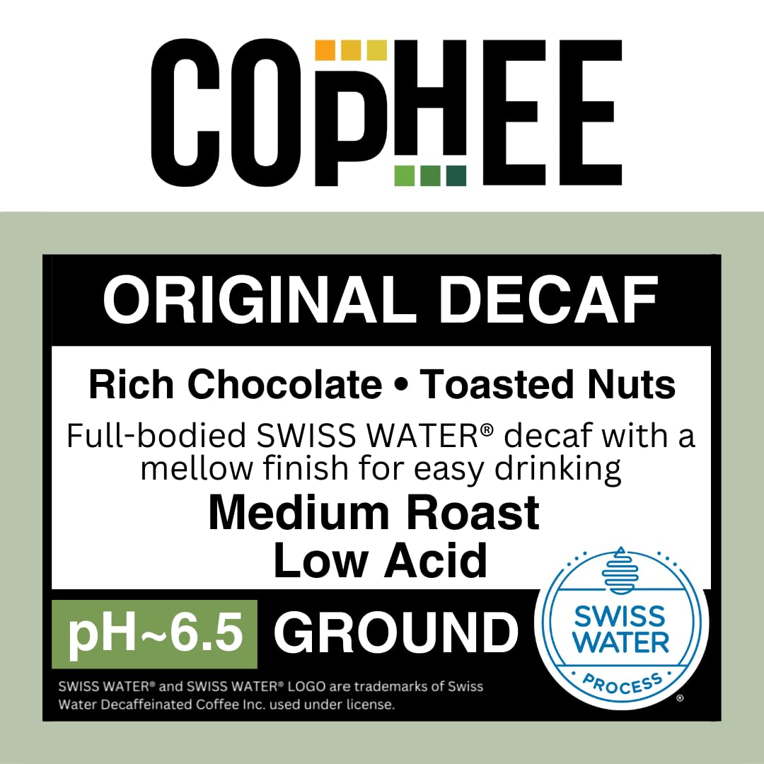 Low Acid Coffee - Decaf - Ground Medium Roast - Smooth Non-GMO Arabica Coffee - Electrolyte Infused for Sensitive Stomachs, Acid Reflux, and Heartburn ~pH 6.5-12 oz Original Decaf by COpHEE