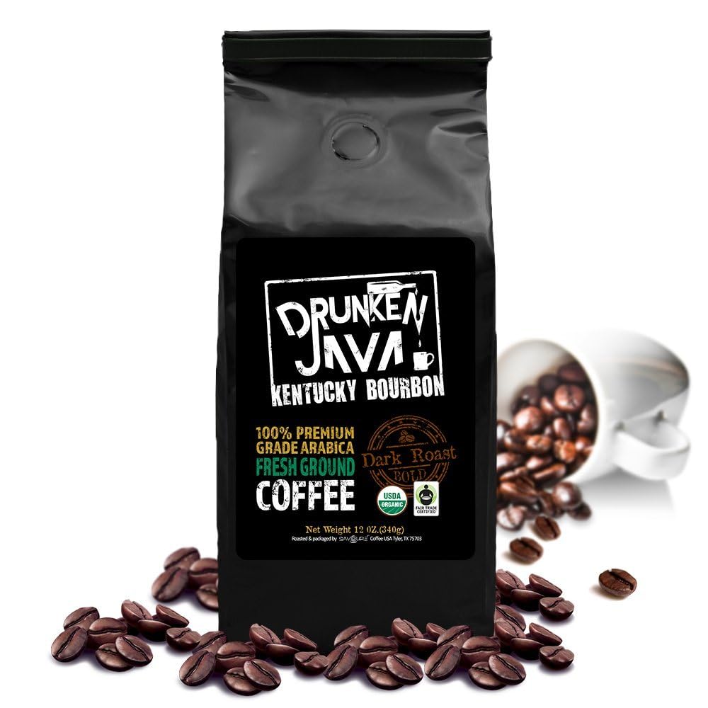 Kentucky Bourbon Dark Roast Ground Coffee - Organic Single Origin Fair Trade - Drunken Java - 12 oz Bag