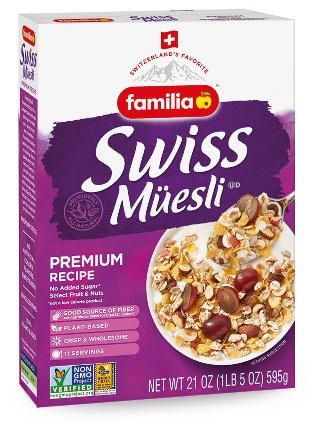 Familia Swiss Muesli Cereal, Premium Recipe with Spelt Flakes, Krispies, Fruit and Nuts, 0g Added Sugar, 21 Ounce (Pack of 6)