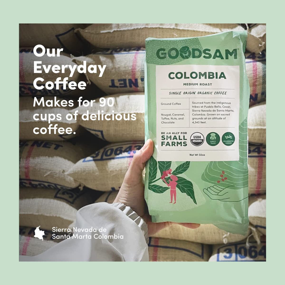 GoodSAM Organic Ground Coffee, Medium Roast 2lb, Colombian Single Origin, Non GMO Arabica Beans, Vegan, Keto, Regenerative Farming, Direct Trade