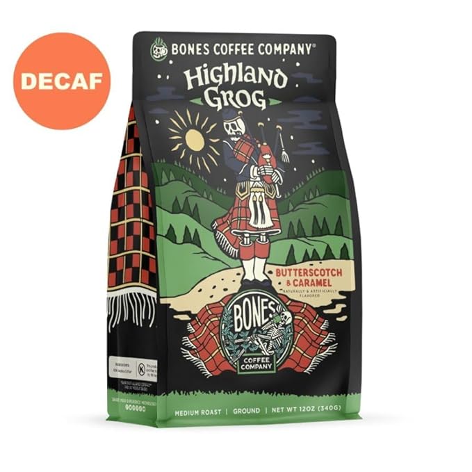 Bones Coffee Company Decaf Highland Grog Butterscotch Caramel Flavored, Medium Roast Low Acid, 12 Oz Ground